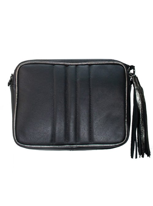 Curvy Crossbody Tassel Bag, Metallic Black