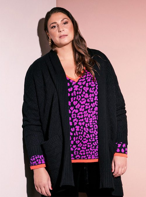 Cashmere Pullover, Leo Jaquard, Black and Cyclam